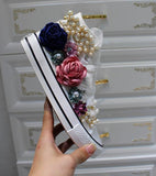 Girls sweet flower shoes 2018 Spring Canvas Shoes White Female High Help Custom Rhinstone Sequins Flowers Flat Shoes - vmlfashion-com