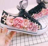 Girls sweet flower shoes 2018 Spring Canvas Shoes White Female High Help Custom Rhinstone Sequins Flowers Flat Shoes - vmlfashion-com