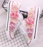 Girls sweet flower shoes 2018 Spring Canvas Shoes White Female High Help Custom Rhinstone Sequins Flowers Flat Shoes - vmlfashion-com