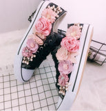 Girls sweet flower shoes 2018 Spring Canvas Shoes White Female High Help Custom Rhinstone Sequins Flowers Flat Shoes - vmlfashion-com