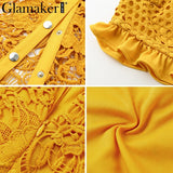 Glamaker Hollow out sexy yellow long dress Women lace ruffle 2 piece maxi holiday dress Bodycon summer holiday party beach dress - vmlfashion-com