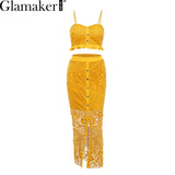 Glamaker Hollow out sexy yellow long dress Women lace ruffle 2 piece maxi holiday dress Bodycon summer holiday party beach dress - vmlfashion-com