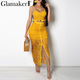 Glamaker Hollow out sexy yellow long dress Women lace ruffle 2 piece maxi holiday dress Bodycon summer holiday party beach dress - vmlfashion-com