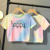 Happy Letter Printed Tie Dye Print Knot Front Casual Girls T-Shirts Children 2019 Summer Cap Sleeve Colorblock Kids Casual Tees - vmlfashion-com