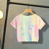 Happy Letter Printed Tie Dye Print Knot Front Casual Girls T-Shirts Children 2019 Summer Cap Sleeve Colorblock Kids Casual Tees - vmlfashion-com