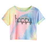 Happy Letter Printed Tie Dye Print Knot Front Casual Girls T-Shirts Children 2019 Summer Cap Sleeve Colorblock Kids Casual Tees - vmlfashion-com