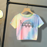 Happy Letter Printed Tie Dye Print Knot Front Casual Girls T-Shirts Children 2019 Summer Cap Sleeve Colorblock Kids Casual Tees - vmlfashion-com