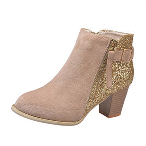 Women's Glitter Accented High Heel Booties with Zipper Buckle Strap - vmlfashion-com