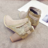 Women's Glitter Accented High Heel Booties with Zipper Buckle Strap - vmlfashion-com