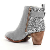 Women's Glitter Accented High Heel Booties with Zipper Buckle Strap - vmlfashion-com