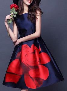 Women's Knee Legth Navy Blue Dress Bright Red Rose Skirt - vmlfashion-com