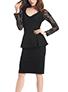 Women's Long Sleeve Peplum Lace Dress Ruffle Waist V Neckline - vmlfashion-com