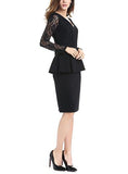 Women's Long Sleeve Peplum Lace Dress Ruffle Waist V Neckline - vmlfashion-com