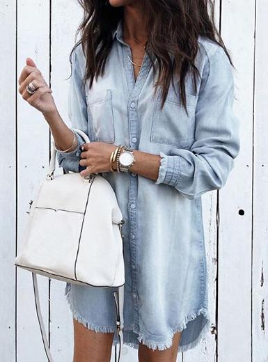 Women-Frayed-Blue-Hemline-Distressed-Shirt-Dress-Button-Front-Chest-Pockets-Dress - vmlfashion-com