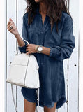 Women-Frayed-Blue-Hemline-Distressed-Shirt-Dress-Button-Front-Chest-Pockets-Dress - vmlfashion-com