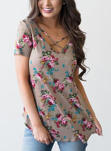 women flower Taupe Floral Blouse with Front Strap - vmlfashion-com