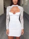 Women's Lace Long Sleeve Neckline Short Dress - vmlfashion-com