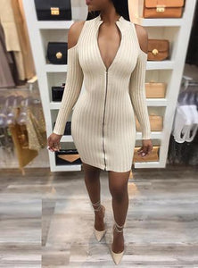 Women Cold Shoulder / Long Sleeve V-Neck Dress - vmlfashion-com