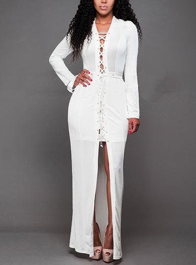 Women-White-Long-Sleeve-Front-Split-Closure-dress- - vmlfashion-com