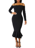 Women's Off Shoulder Black Bodycon Long Sleeve Dress - vmlfashion-com