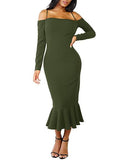 Women's Off Shoulder Black Bodycon Long Sleeve Dress - vmlfashion-com