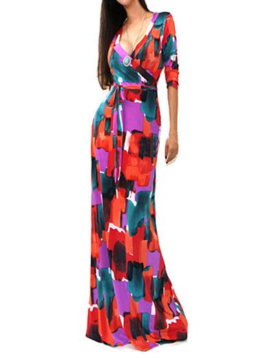 Women-Flower-Print-Multicolored-Short-Sleeve-Floor-Length-Dress- - vmlfashion-com