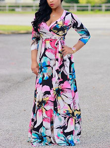 Women's Bright Flowered Maxi 3 Quarter Sleeve Dress - vmlfashion-com