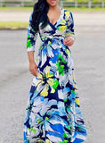 Women's Bright Flowered Maxi 3 Quarter Sleeve Dress - vmlfashion-com