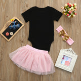 baby girl clothes Letter Short Sleeve T-shirt+Pink tutu Skirt+Bow Headband - vmlfashion-com