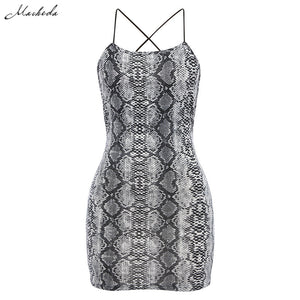 Macheda Sexy Cross Bandage Backless Bodycon Dress Women Sleeveless Halter Summer Dress Snake Print Short Party Casual Mini Dress - vmlfashion-com