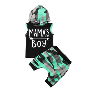 Mamas Boy Toddler Baby Boy Sleeveless Hoodie Top and Camouflage Shorts Set - vmlfashion-com