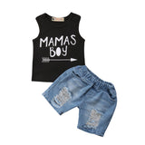 Mimi Boss/Mama's Boy Newborn Toddler Baby Boy Sleeveless Vest Tops+Denim Shorts Hole Jeans 2PCS Outfits Summer Clothing Set - vmlfashion-com