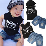 Mimi Boss/Mama's Boy Newborn Toddler Baby Boy Sleeveless Vest Tops+Denim Shorts Hole Jeans 2PCS Outfits Summer Clothing Set - vmlfashion-com