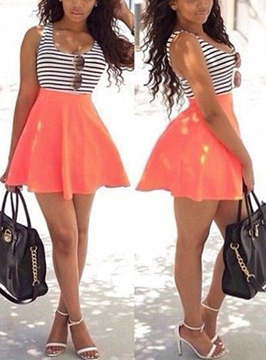 Sleeveless Mini Dress - Striped Top / Orange Skirt - vmlfashion-com