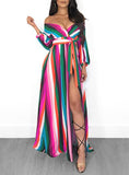 Women's Off Shoulder Long Sleeve Striped Dress - vmlfashion-com