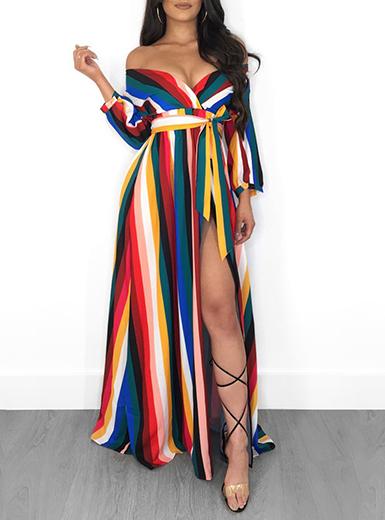 Women's Off Shoulder Long Sleeve Striped Dress - vmlfashion-com