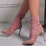 Women's Wrinkled Suede Heels Bootie Zipper Back - vmlfashion-com