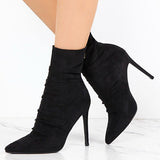 Women's Wrinkled Suede Heels Bootie Zipper Back - vmlfashion-com