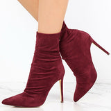 Women's Wrinkled Suede Heels Bootie Zipper Back - vmlfashion-com