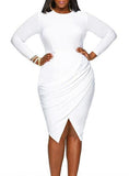 Women-White-Side-Wrapped-Long-Sleeve-Dress - vmlfashion-com