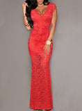 Women Lace Maxi Dress Low Back  Cap Sleeve V Neck - vmlfashion-com