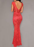 Women Lace Maxi Dress Low Back  Cap Sleeve V Neck - vmlfashion-com