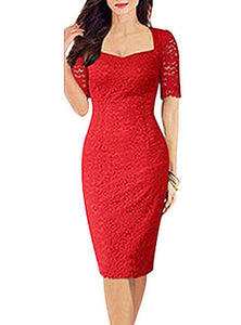 Red Lace Midi Dress  Squared Neckline - vmlfashion-com