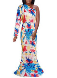 Women's Maxi Length Pooling Dress Printed Single shoulder - vmlfashion-com