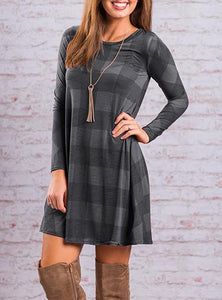 Women's Checkered Plaid Short Long sleeve Dress - vmlfashion-com