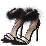 Women's Fuzzy Ankle Strap Sandals High heels - vmlfashion-com