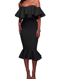 Women's Off Shoulder Pencil Ruffle Cuff And Hemline Dress - vmlfashion-com