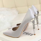 Women's Satin Stilettos Jewel Encrusted Metallic Heels Pointed Toes High Heels - vmlfashion-com