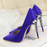 Women's Satin Stilettos Jewel Encrusted Metallic Heels Pointed Toes High Heels - vmlfashion-com