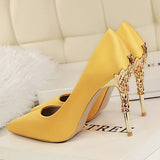 Women's Satin Stilettos Jewel Encrusted Metallic Heels Pointed Toes High Heels - vmlfashion-com